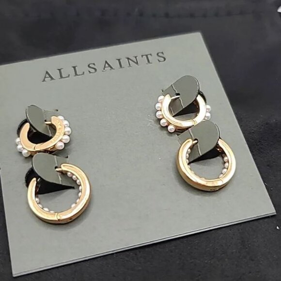 AllSaints Gold & Pearl Set of Huggie Hoop Earrings - Picture 3 of 4